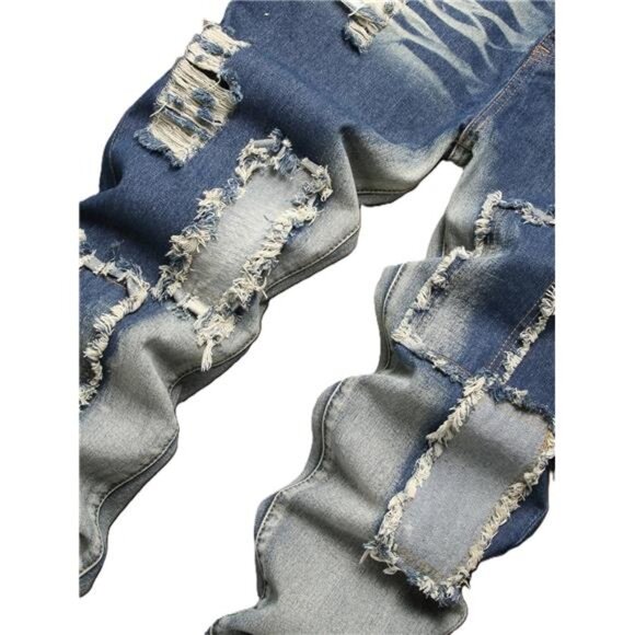 Men's Ripped Jeans Regular Fit Distressed Slim Straight Leg Stacked Biker - Picture 3 of 6